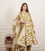 Yash gallery women's cotton floral print mirror work anarkali with pant and dupatta (green)