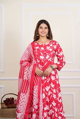  women's cotton floral print mirror work anarkali with pant and dupatta (red) 5