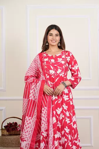  women's cotton floral print mirror work anarkali with pant and dupatta (red)