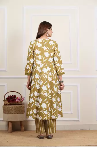  women's cotton floral print mirror work anarkali with pant and dupatta (green)