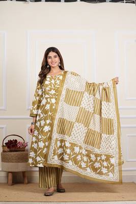  women's cotton floral print mirror work anarkali with pant and dupatta (green) 4
