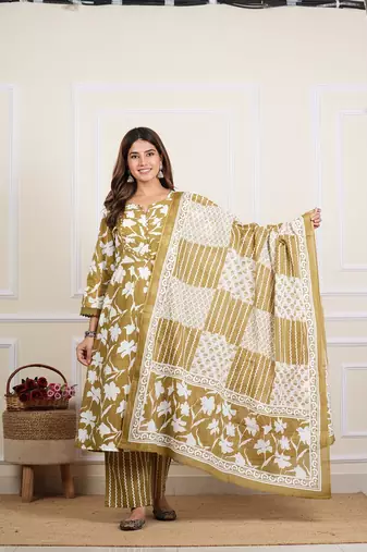  women's cotton floral print mirror work anarkali with pant and dupatta (green)
