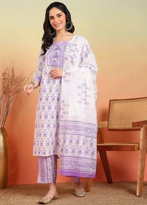  women's cotton floral print straight kurta with pant and dupatta (purple) 1