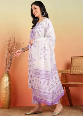  women's cotton floral print straight kurta with pant and dupatta (purple) 2