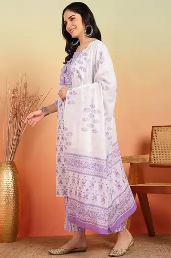  women's cotton floral print straight kurta with pant and dupatta (purple)