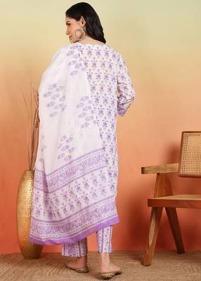  women's cotton floral print straight kurta with pant and dupatta (purple) 3