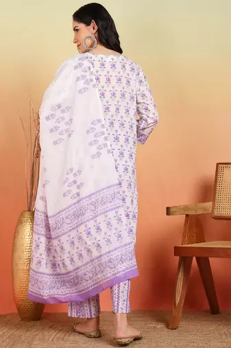  women's cotton floral print straight kurta with pant and dupatta (purple)