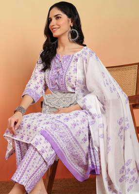 women's cotton floral print straight kurta with pant and dupatta (purple) 4