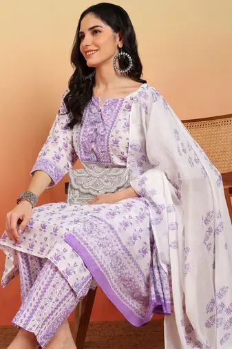  women's cotton floral print straight kurta with pant and dupatta (purple)
