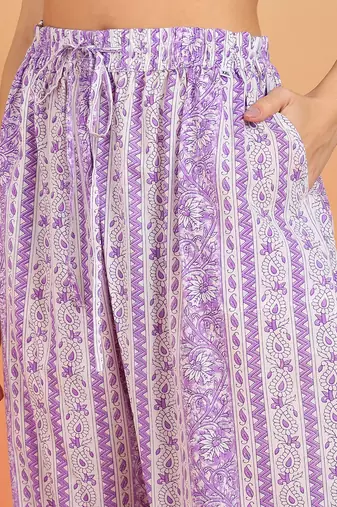  women's cotton floral print straight kurta with pant and dupatta (purple)