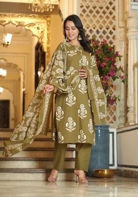 Mehandi  color cotton printex work  straight  kurti pant dupatta  set 1