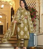 Mehandi  color cotton printex work  straight  kurti pant dupatta  set
