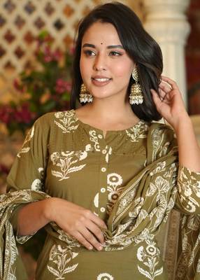 Mehandi  color cotton printex work  straight  kurti pant dupatta  set 2