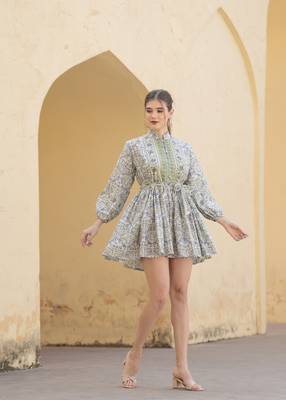Hand block floral printed cotton mini dress 1