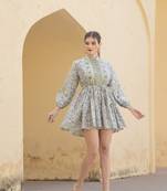 Hand block floral printed cotton mini dress