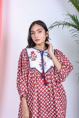 Hand block red geometric printed cotton mini dress with white yoke 2