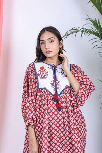 Hand block red geometric printed cotton mini dress with white yoke