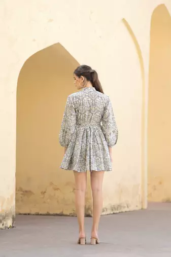 Hand block floral printed cotton mini dress