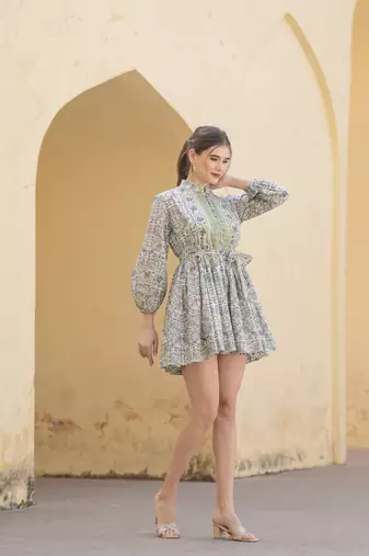 Hand block floral printed cotton mini dress