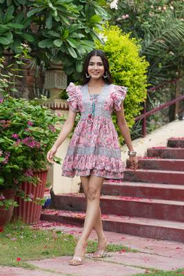 Hand block floral printed pink cotton mini dress 4