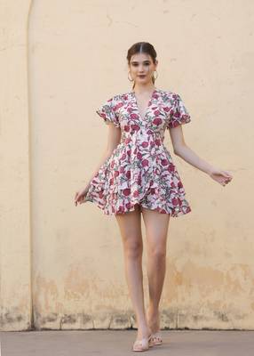 Hand block white pink floral printed cotton mini dress 1