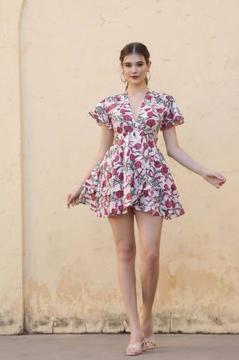 Hand block white pink floral printed cotton mini dress