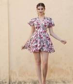 Hand block white pink floral printed cotton mini dress