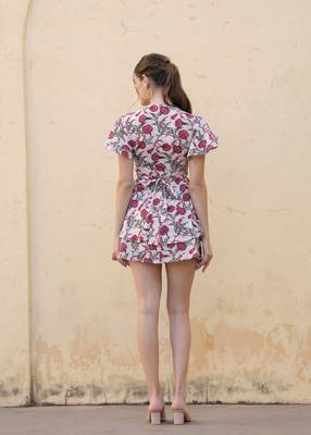 Hand block white pink floral printed cotton mini dress 2