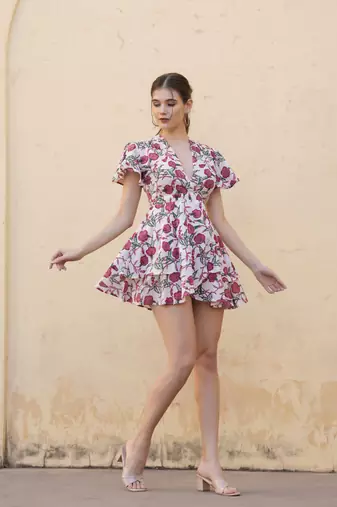 Hand block white pink floral printed cotton mini dress