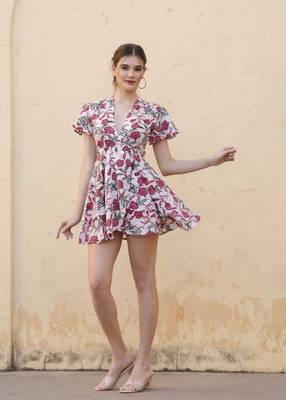 Hand block white pink floral printed cotton mini dress 4