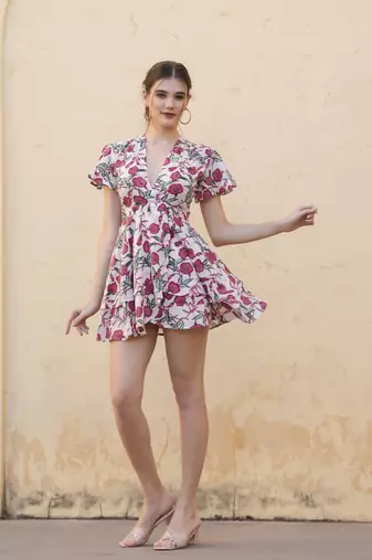 Hand block white pink floral printed cotton mini dress