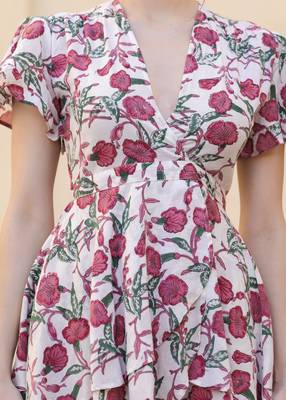 Hand block white pink floral printed cotton mini dress 5
