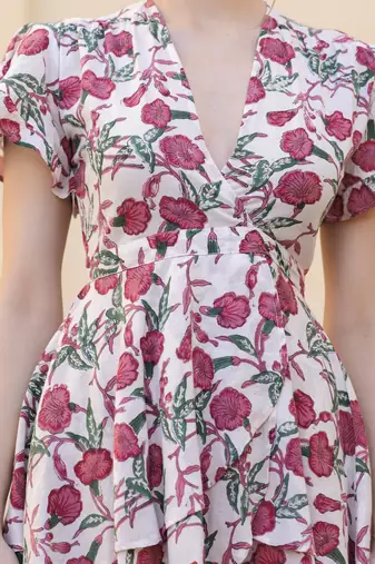 Hand block white pink floral printed cotton mini dress