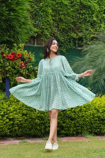 Hand block sky blue floral printed cotton mini dress
