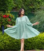 Hand block sky blue floral printed cotton mini dress