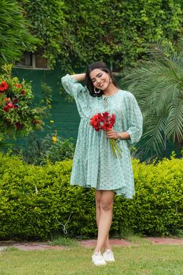 Hand block sky blue floral printed cotton mini dress 4