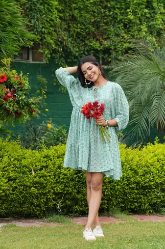 Hand block sky blue floral printed cotton mini dress