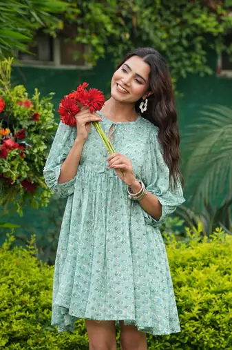 Hand block sky blue floral printed cotton mini dress