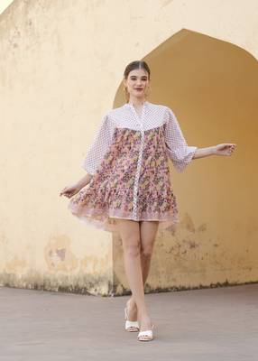 Hand block floral printed multi color cotton mini dress 1
