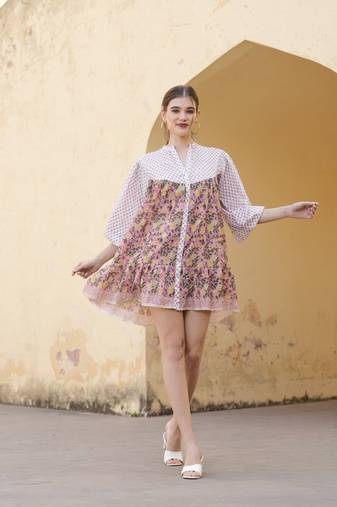 Hand block floral printed multi color cotton mini dress