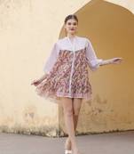 Hand block floral printed multi color cotton mini dress