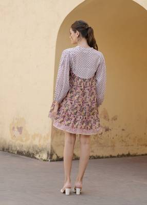 Hand block floral printed multi color cotton mini dress 2