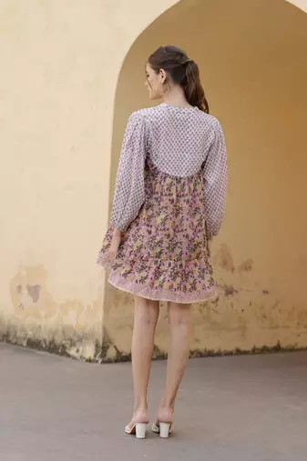 Hand block floral printed multi color cotton mini dress