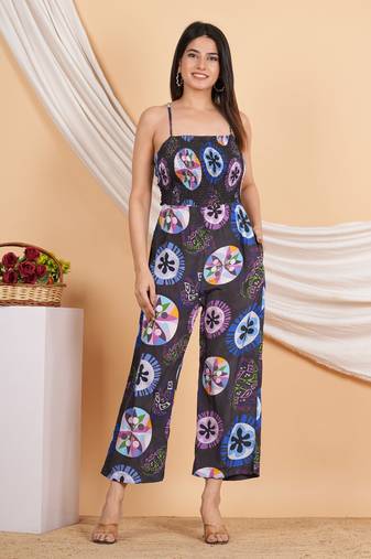 women's black printed smoking embroidered jumpsuit (black)