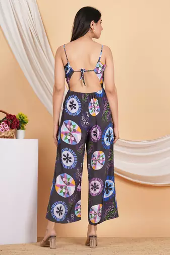 women's black printed smoking embroidered jumpsuit (black)
