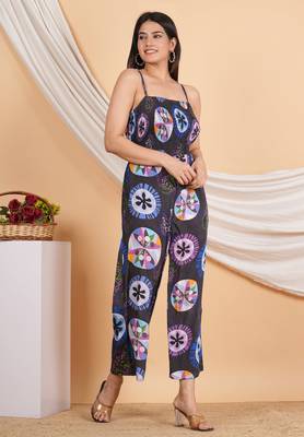 women's black printed smoking embroidered jumpsuit (black) 3