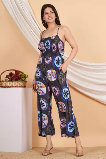 women's black printed smoking embroidered jumpsuit (black)