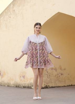 Hand block floral printed multi color cotton mini dress 3