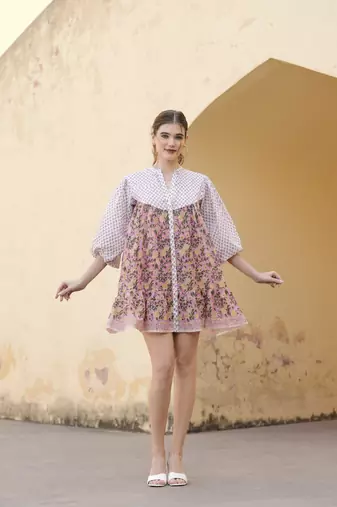 Hand block floral printed multi color cotton mini dress
