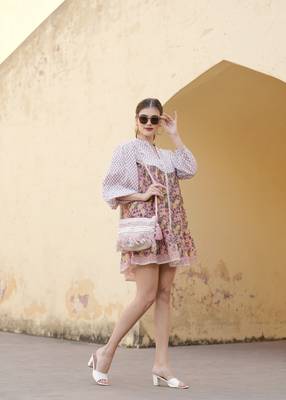 Hand block floral printed multi color cotton mini dress 4